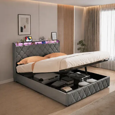 Produktbild von INONEFT Polsterbett 140x200 cm mit Bettkasten, Jugendbett mit LED und Steckdosen, Einzelbett mit Lattenrost und Stauraum Kopfteil, Samt, Dunkelgrau