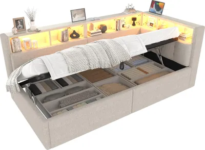 Produktbild von Stauraumbett mit LED-Beleuchtung, Lattenrost, Stauraum, Regal, USB und Type-C Anschlüssen, 90x200cm, Polsterbett, Einzelbett, Schlafsofa, Leinen