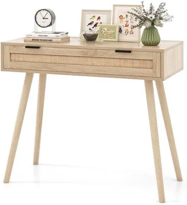 Immagine prodotto di Tavolino consolle in rattan e legno con cassetto, in stile bohémien, ideale per l'ingresso