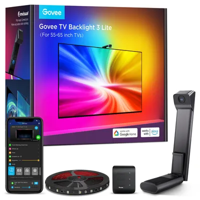 A product box for Govee TV Backlight 3 Lite, showing the product components and a TV with colorful backlighting.