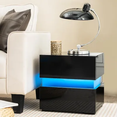 Immagine prodotto di Comodino con illuminazione a LED, 22 modalità dinamiche, 5 livelli di luminosità e telecomando; comodino nero lucido, comò da notte con 2 cassetti, tavolino 45 x 35 x 45 cm