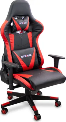 A gaming chair with black and red accents.