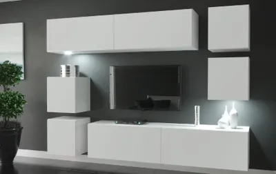 Obrázok produktu pre Furnitech Obývacia stena - Nábytok do obývačky s LED modrou - Závesná moderná stena - Obývacia stena s policami a TV skrinkou (Lima AN65-M-W2 1A Matt)