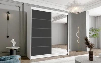 Produktbild von Schwebetürenschrank Harry III 180 cm mit Spiegel - Groß Kleiderschrank, Schiebetürenschrank mit Kleiderstange und Einlegeboden, Schlafzimmerschrank, Schiebetüren, 180x215x58 cm (Weiß/Schwarz)