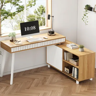 Obrázek produktu pro Psací stůl ve tvaru L 140 x 120 x 76,5 cm Počítačový stůl se 2 zásuvkami a skříňkou Pruhovaný vzor Ocelové nohy Pracovní stůl Přírodní bílá