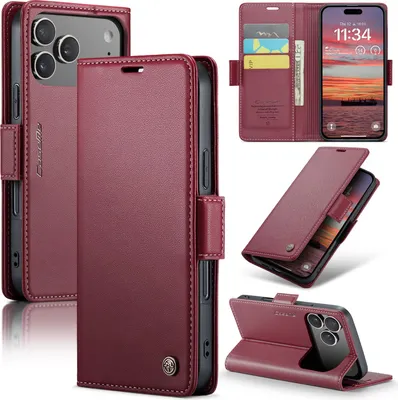 Produktbild von Lederhülle für iPhone 17 Pro Brieftasche Kartenfach Schutzhülle mit Standfunktion Rot