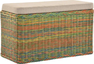 Produktbild von KRINES HOME Rattan Wäschekorb Wäschetruhe Sitz gepolstert Honig, Flur-Bank Aufbewahrungsbox mit Deckel Bad-Hocker Sitzhocker Wäschesammler Sitz-Truhe Natur (Bunt, Rechteckig)