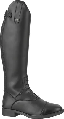 A black leather riding boot shown from the side against a white background.