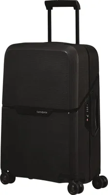 A black Samsonite suitcase is shown against a white background.