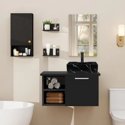 Immagine prodotto di Set di mobili da bagno neri, 71 cm, composto da: mobile sotto lavello, specchio, mobile pensile e rubinetto