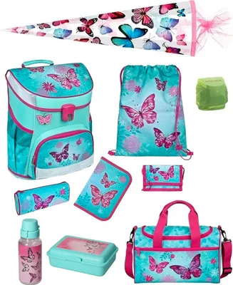 Produktbild von Butterfly Schulranzen Set 10tlg. Campus FIT Ranzen 1. Klasse mit Sporttasche und Schultüte 85cm Schmetterlinge