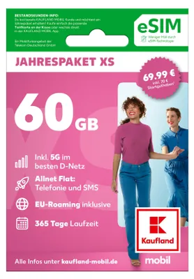 Produktbild von KAUFLAND MOBIL Prepaid eSIM Jahrespaket Smart XS (60 GB) mit 5G im besten D-Netz (digitales Produkt)