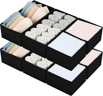 Produktbild von PolkaHome® 8er Set Schubladen-Organizer, faltbare Aufbewahrungsboxen für Kleiderschrank, Stoff, Schwarz