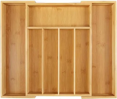 Produktbild von PolkaHome® Bambus Besteckorganizer Ausziehbar Schubladen Organizer 25.5 x 38.1 x 5 cm - 7 Fächer, Natürliches Bambus, Küchenaufbewahrung