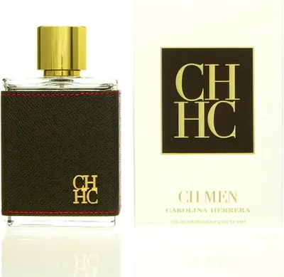 A bottle of Carolina Herrera CH Men Eau de Toilette and its packaging are displayed against a white background.