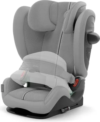 A gray child car seat is shown against a white background.