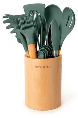 Produktbild von Küchenutensilienset Grün-Sage und Holz - 11 Utensilien, Silikon und Buchenholz, BPA-frei, hitzebeständig bis 230°C