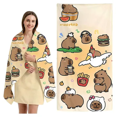 Produktbild von Capybara Strandtuch, schnelltrocknendes Mikrofaserhandtuch mit Tasche, saugfähig und sandfrei - leichtes Reisehandtuch für Strand, Pool und Yoga 68 x 140 cm