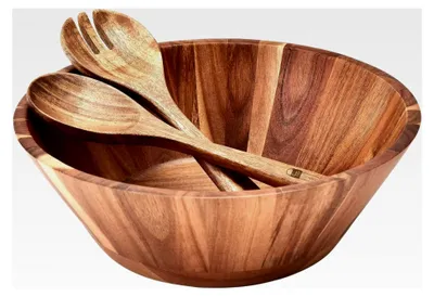 Produktbild von Große runde Salatschüssel aus Akazienholz Ø 30 cm mit Salatbesteck