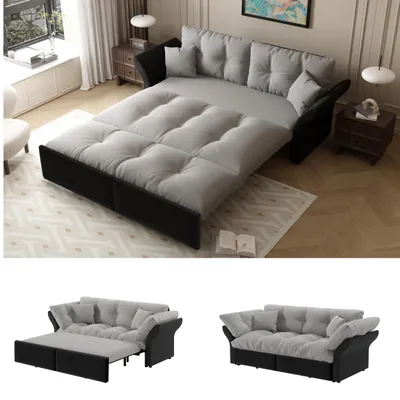 Produktbild von 190 cm Queen-Size Ausziehsofa, 3-in-1 Konvertibles Schlafsofa mit Tufting und 2 weichen Kissen, Multifunktionelles Velourssofa-Bett, Hellgrau