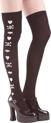 Produktbild von Overknee Strümpfe mit Totenköpfe und Herzen schwarz lang Strumpfhose Rocker Punk