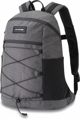 A gray backpack with black accents is shown against a white background.