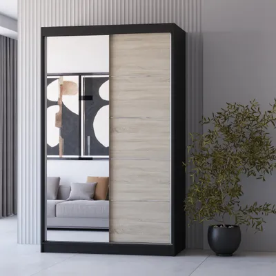 A modern wardrobe with mirrored and wood-grain sliding doors.