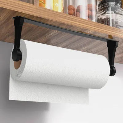 Produktbild von Küchenrollenhalter Ohne Bohren 32cm, Schwarz Papierrollenhalter Selbstklebend Klopapierhalter, Aluminiumlegierung Toilettenpapierhalter, Praktisch Rollenhalter Unter dem Schrank für Küche, Bad