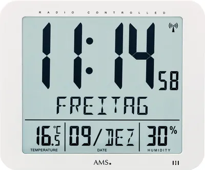 Produktbild von AMS Funk-Digital Wand-/Tischuhr, weiß, Datum, Temperatur, Wecker, Wochentag, Feuchtigkeit, 12/24-Stundenanzeige, Unisex, Kunststoff, Modell 5886, H 21cm, B 25cm, T 3cm, Arabisch, Monochrom/LED-Display