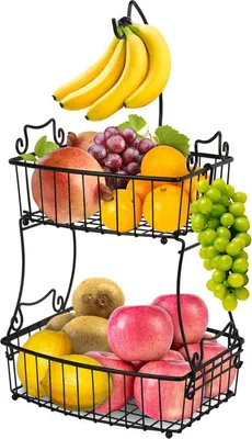 Produktbild von 2-stöckiger Metall-Draht Obstkorb mit Bananenhalter - moderne Obstschalen - Gemüsekorb - täglicher Küchenstauraum - schwarz