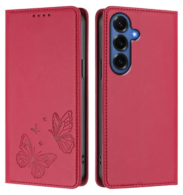 Obrázek produktu pro Kožené pouzdro pro Samsung Galaxy S26+, motýlí ražbou, peněženkové flip pouzdro se stojánkem Červená