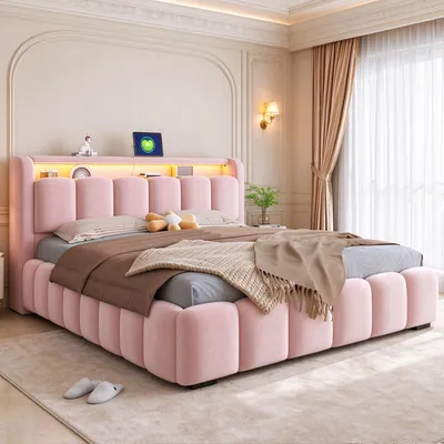 Image de Lit avec tête de lit capitonnée de 180x200 cm, équipé de LED, d'une prise électrique et d'un espace de rangement dissimulé, sommier à lattes, revêtement en velours, couleur rose