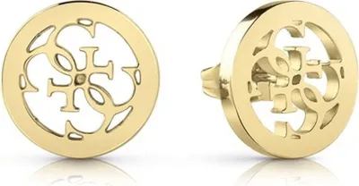 A pair of gold-colored stud earrings with the Guess logo.