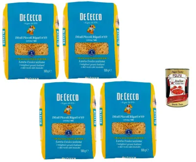 Produktbild von De Cecco Italian Gourmet Bundle Ditali Piccoli Rigati n.69 4x500g + Italian Gourmet Polpa, italienische Hartweizenpasta, 2 kg Vorratspack, Pasta mit 7 Minuten Kochzeit