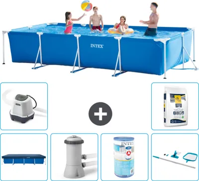 Produktbild von Intex-Schwimmbecken mit rechteckigem Rahmen – 450 x 220 x 84 cm – Blau – im Lieferumfang enthalten Abdeckung - Filterpumpe für Schwimmbad - Filter - Reinigungskit - Salzwassersystem - Poolsalz