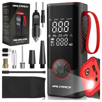 Immagine prodotto di Pompa elettrica con batteria ricaricabile da 6000 mAh, compressore da 10,3 bar, power bank, luce LED, funzione SOS, per auto, bici e moto - Nero