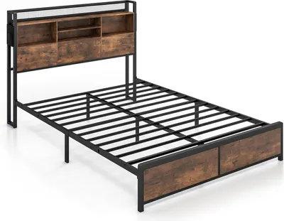 Image de Cadre de lit COSTWAY 140 x 200 cm, tête de lit avec rangement, lit double en métal avec station de recharge, sommier à lattes et poches latérales, cadre de lit sans matelas