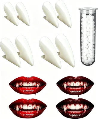 Productafbeelding van Vampiertanden - 4 paar (13-19 mm) met tandlijm - Realistische Halloween-tanden voor volwassenen