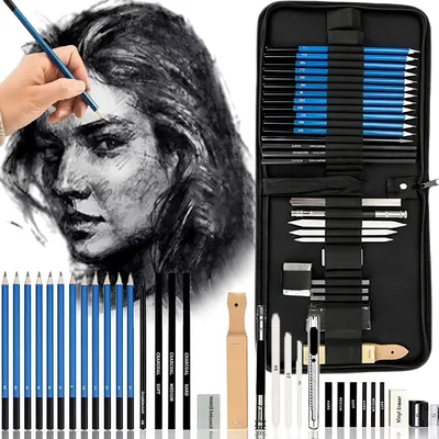 Produktbild von Zeichen-Set Malset Kunstset 32-teilig Profi Skizzier-Set mit Bleistiften, Skizzierstiften, Baubleistift, Radiergummi & Messer zum Skizzieren – Retoo