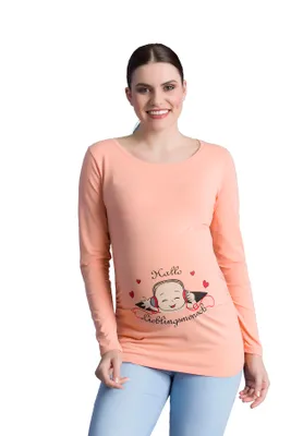 Produktbild von Umstandsshirt Langarm Hallo Lieblingsmensch – Umstandsmode Damen Schwangerschaft, 95 % Baumwolle, Lachsfarbe, Gr. S