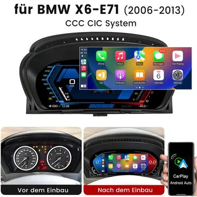 Obrázek produktu pro 12,3" LCD displej pro bezdrátové CarPlay do vozů BMW X6 E71 (2006-2013) s rozhraními CCC/CIC, sloužící jako palubní panel, virtuální kokpit a ukazatel otáčkoměru