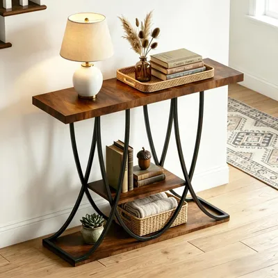 Productafbeelding van Console tafel, 98 cm, zwart, gebogen metalen frame, 3-laags bijzettafeltje, smalle salontafel, industriële console