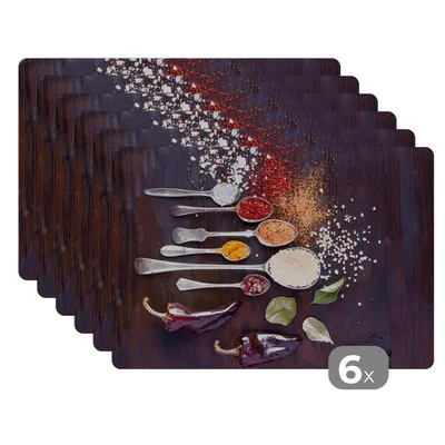 Produktbild von KitchenYeah® Platzsets 6er Set Tischset abwaschbar Platzdecken 45x30 cm Kräuter - Löffel - Gewürze - Industrie - Tischmatte Platzmatte Untersetzer rutschfest und Hitzebeständig - Placemat - Tischunte