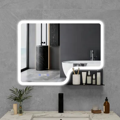 Produktbild von Puluomis Badspiegel mit Beleuchtung beschlagfrei 80x60, mit Uhr und Temperatur Badezimmerspiegel mit Regal LED 6500k dimmbar weiß schwarz