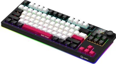 A black mechanical gaming keyboard with white, red, and pink keycaps, illuminated with RGB lighting.
