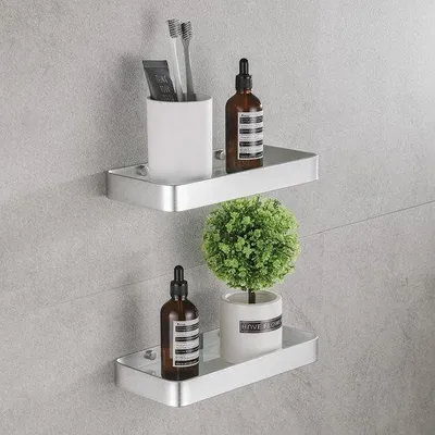 Productafbeelding van Unyqoos® Doucheplank zonder boren – 2-delig set, aluminium met satijnglas, zelfklevend, 25 x 12,8 x 4 cm, zilver, roestvrij, draagvermogen 10 kg