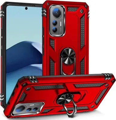 A red phone case with a ring holder is displayed from multiple angles against a white background.