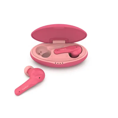 A pair of pink wireless earbuds and their charging case are displayed on a white background.