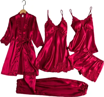 Produktbild von 5-teiliges Pyjama-Set für Damen, Nachthemd, Oberteil, Shorts, Hosen, seidig, Satin, Spitze, Patchwork, lockere Schnürung, Taille, dünnes Damen-Homewear-Set, Nachtwäsche-Set