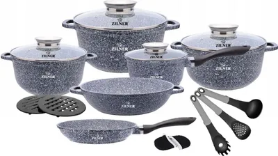 A set of granite-coated cookware and kitchen utensils arranged on a white background.